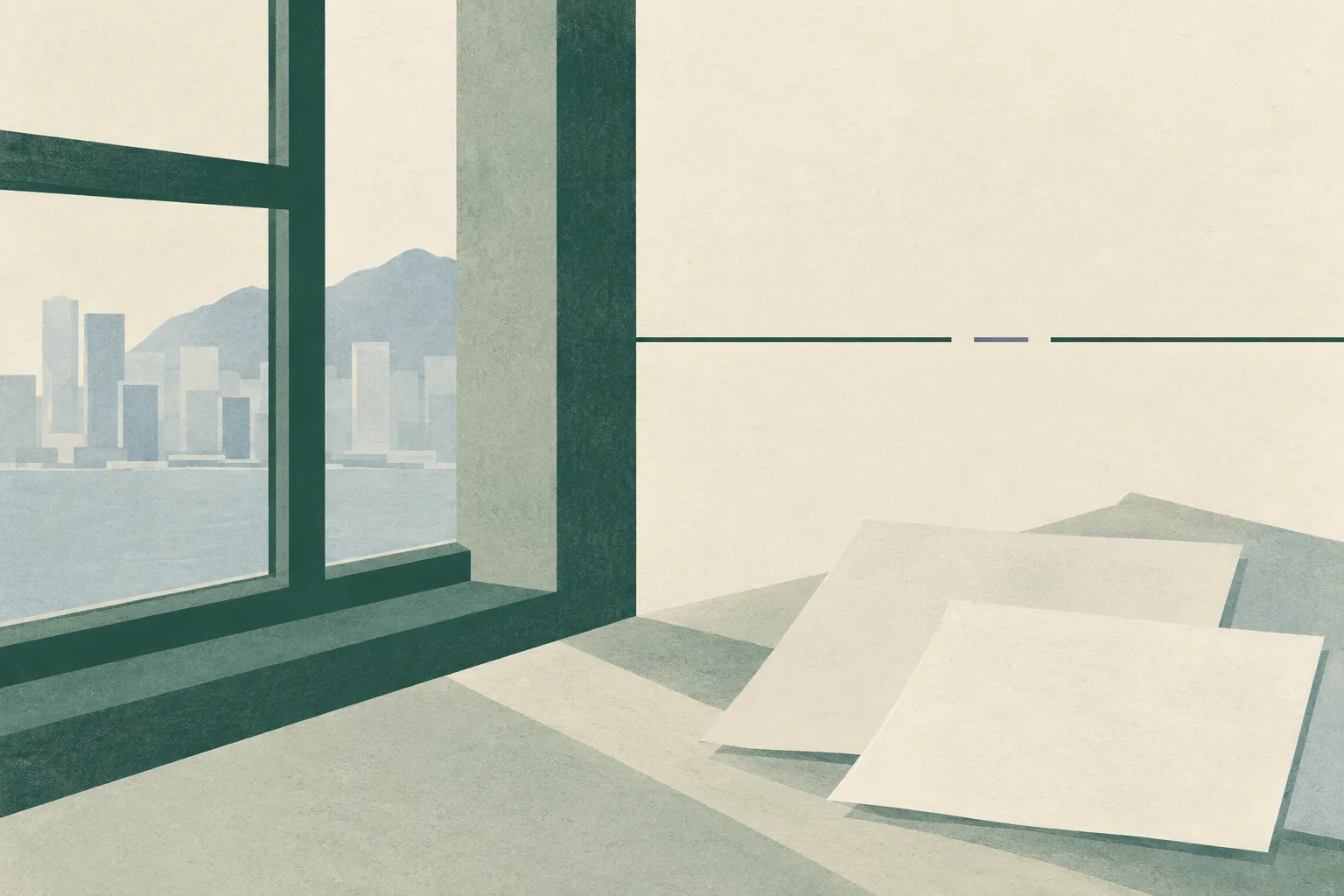 An abstract window frame and several blank paper shapes sit apart from a thin interrupted line on a muted green and cream ground.