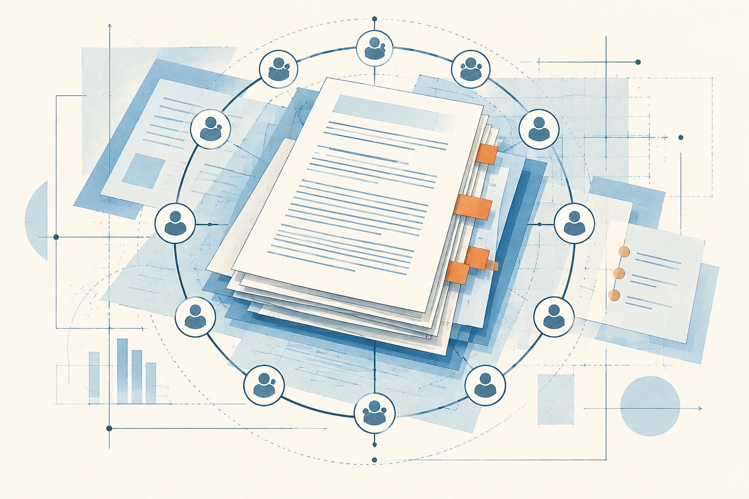 Layered cream document shapes rest over an abstract planning grid, with fine blue lines, twelve small review marks, and several revision tabs.