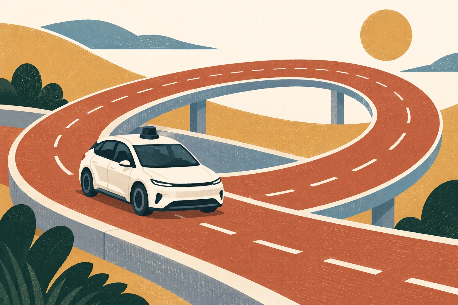 A small unbranded passenger car follows a looping path across layered abstract road shapes, with open cream space around the route.