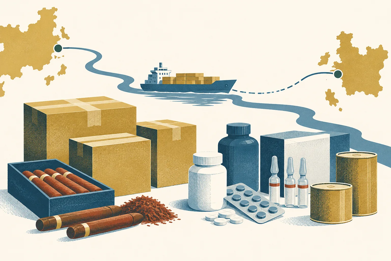 Unmarked parcels, plain medicine containers and cylindrical goods sit beside a simple blue river-route line on a cream background.
