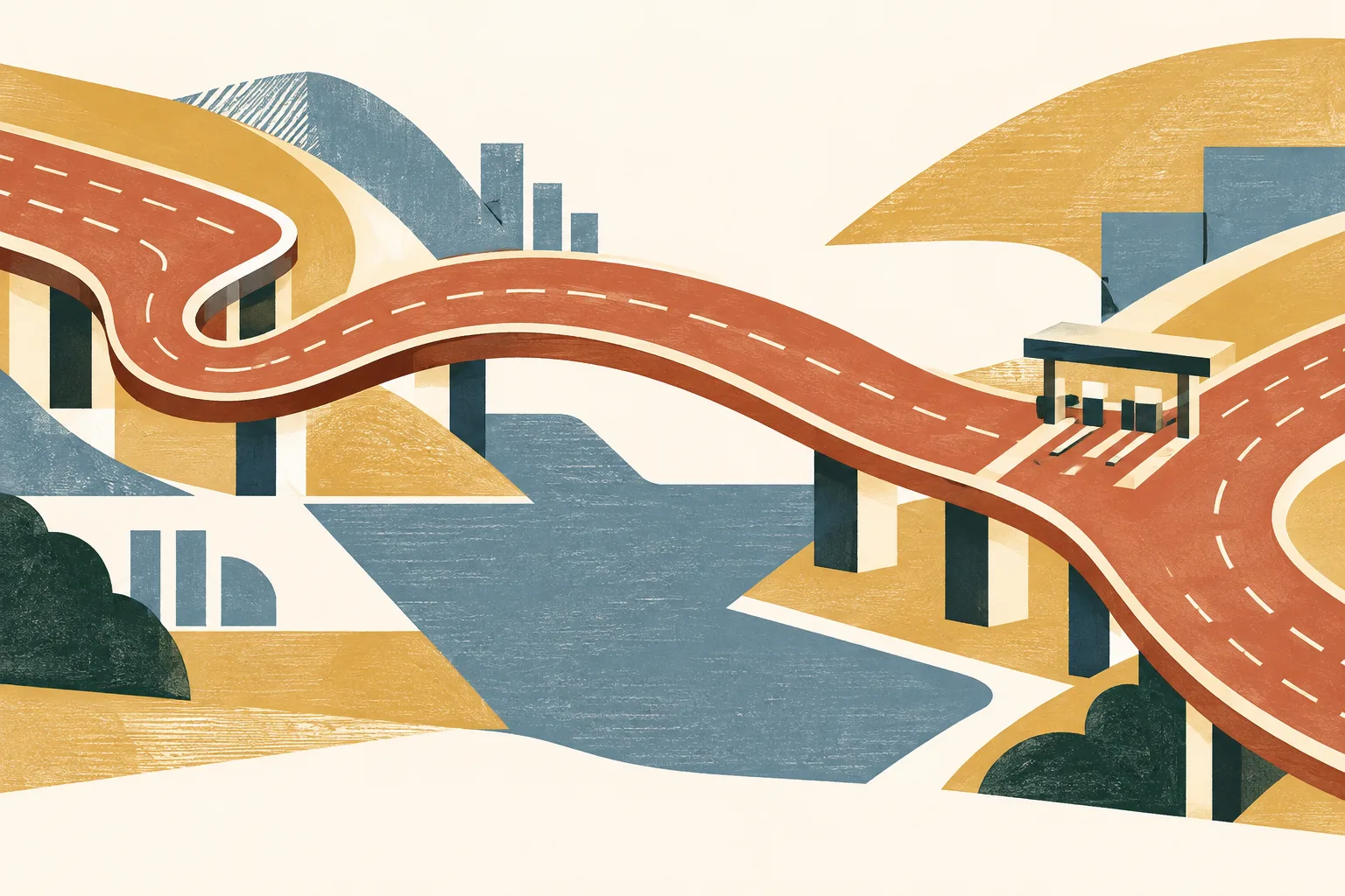 Layered terracotta, ochre, cream and slate-blue shapes form an abstract road ribbon joining two simple roadway sections, with a small marker at one connection.