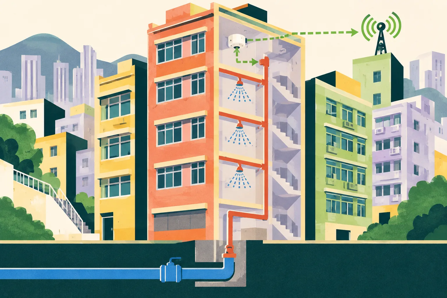 Cut-paper shapes of generic mid-rise buildings linked by a small sensor signal, alongside a water-main pipe feeding a simple sprinkler line.