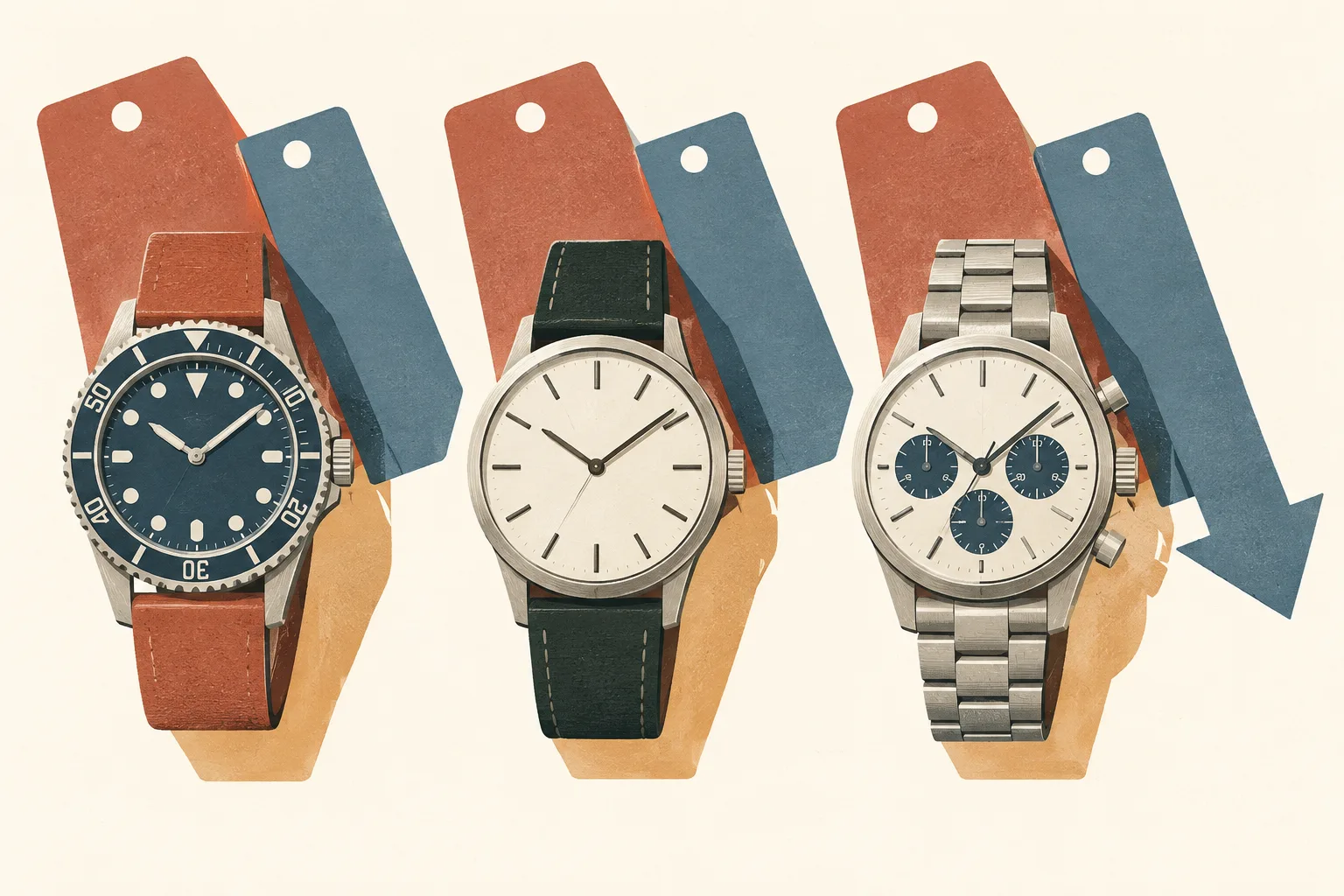 Several generic watches sit on a cream surface beside offset terracotta and slate-blue bands.