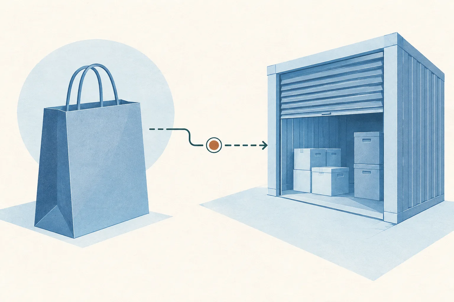 A simple paper bag and a generic storage compartment are linked by a fine line on a light blue architectural grid.