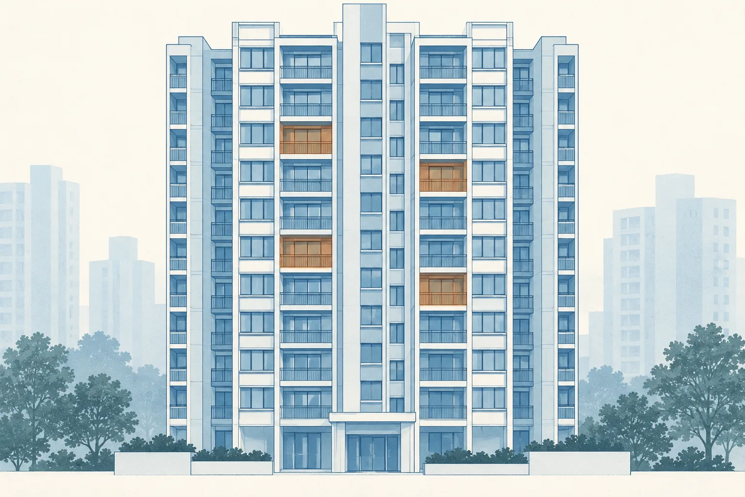 A schematic apartment-building elevation in mineral blue and cream, with four separate unit panels highlighted in copper.