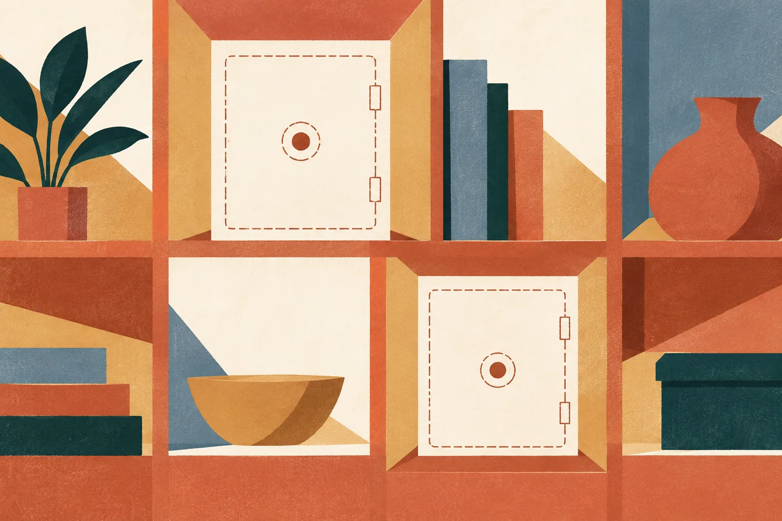 Two empty safe-shaped spaces interrupt a simple geometric grid of terracotta, ochre, cream and slate-blue shapes.
