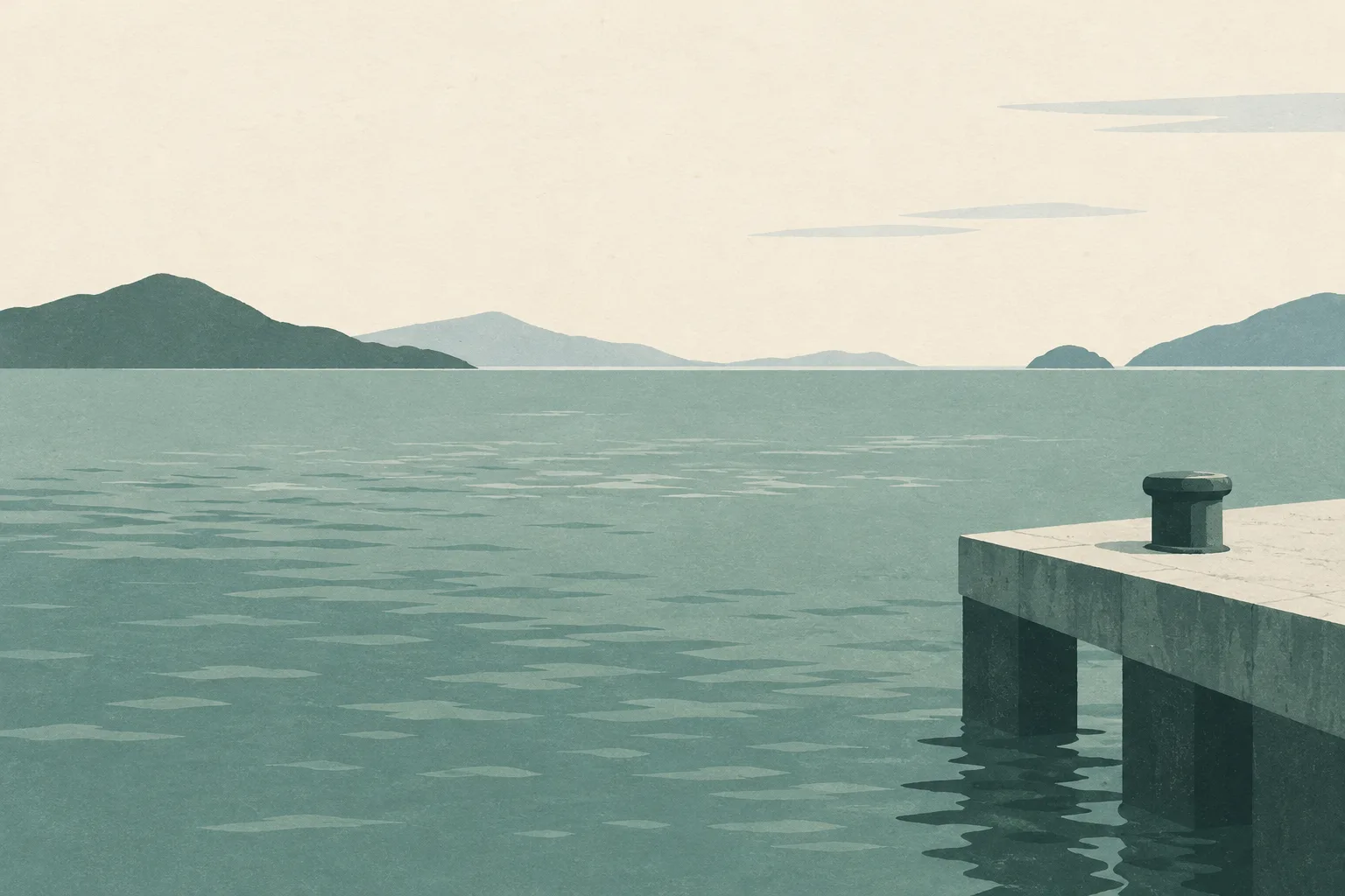 A muted expanse of sea meets a simple pier edge, with a slight break in the waterline.