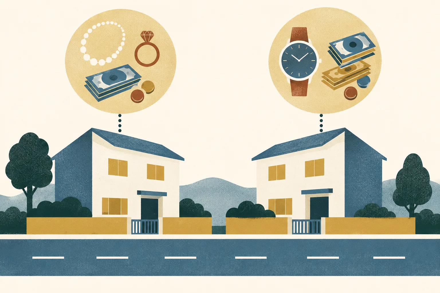 Two simplified house forms sit beside a pale road line, paired with small abstract shapes representing reported missing property.
