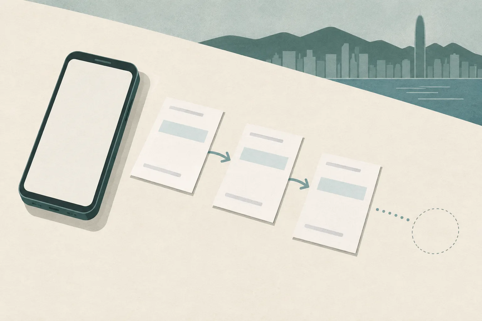A blank-screen phone beside a short row of plain transfer slips, with an empty space at the end.