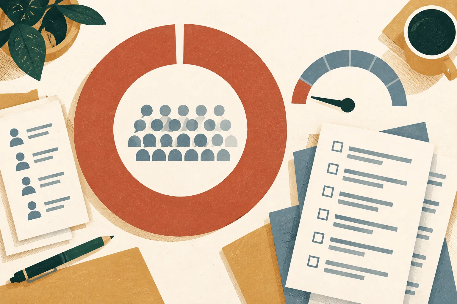 A layered paper infographic shows a nearly complete circular chart, a small gauge and simple survey sheets in terracotta, ochre, cream and slate blue.