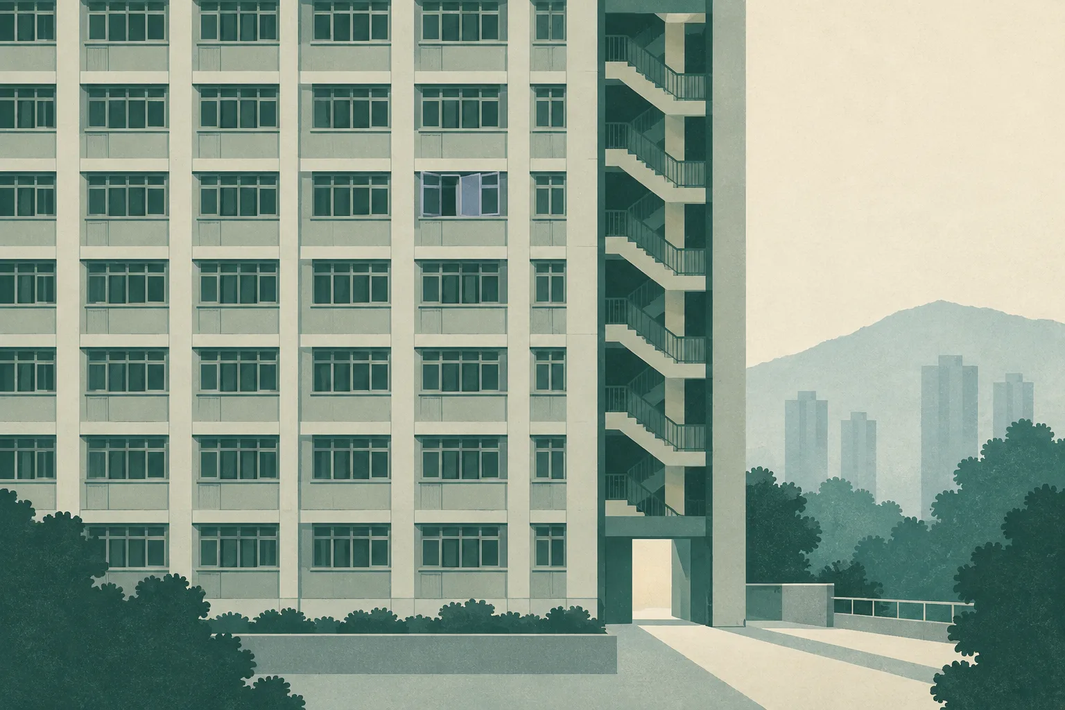 A simplified generic apartment elevation in muted green and cream, with one offset panel and a fine line extending into open space.