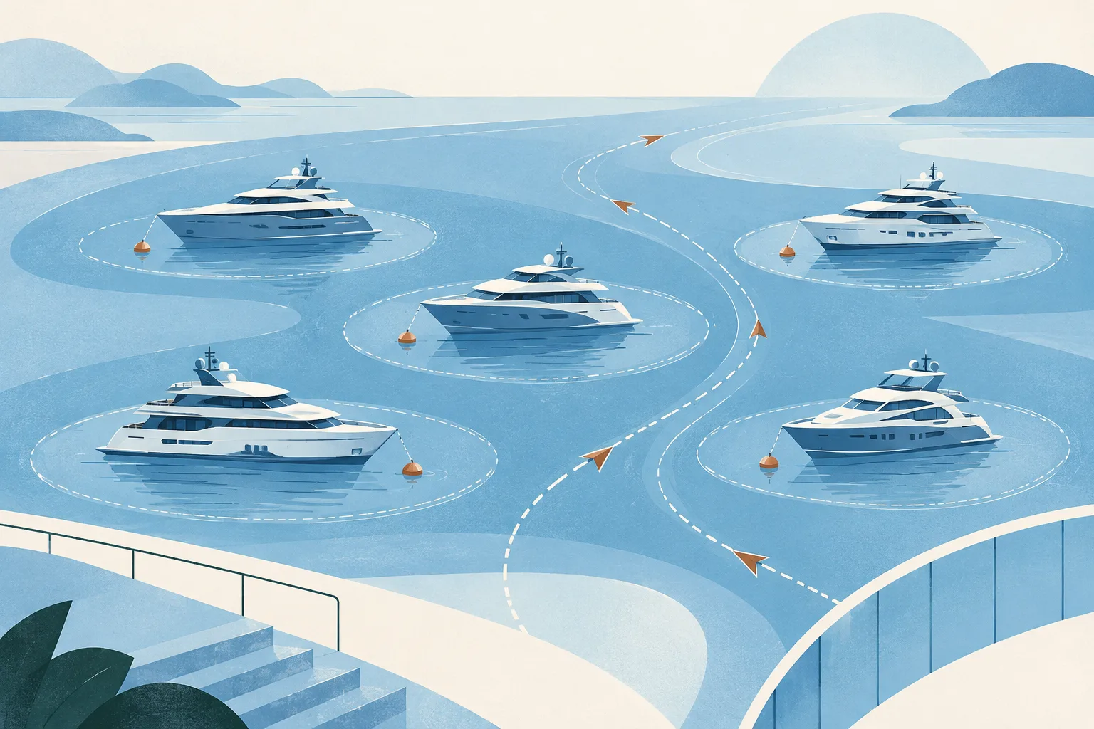 Five simplified yachts sit among separate curved anchorage markers in an abstract light-blue harbor, with fine route lines and geometric coastal shapes.