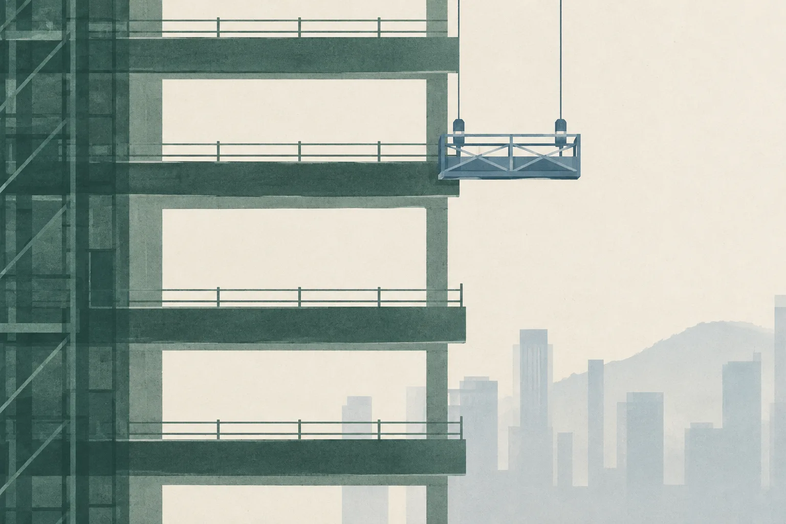 A sparse abstract construction elevation with muted teal floor bands, an outlined work platform, and a small blank interval in the diagram.