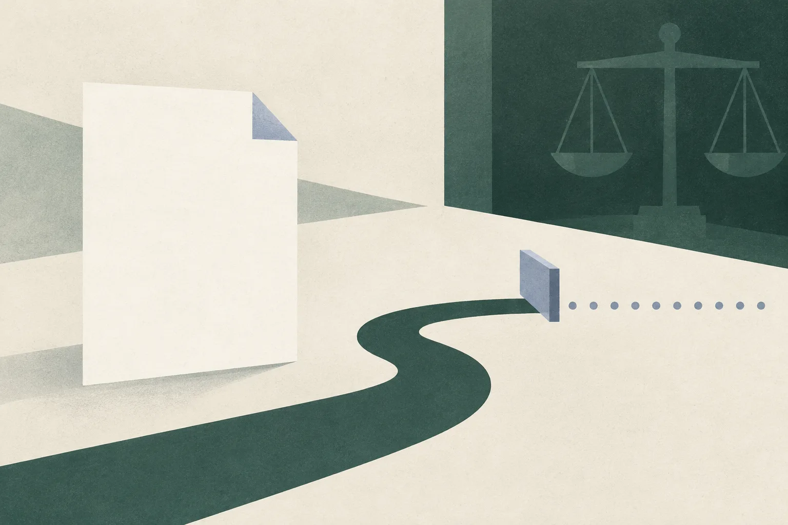 A plain document shape sits beside an abstract path that pauses at a boundary on a muted cream and dusty teal field.