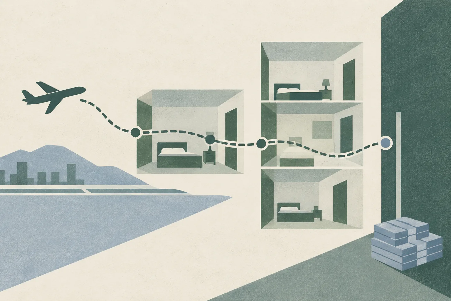 Sparse abstract room-like outlines sit apart on a cream field, crossed by a thin route line that stops at a boundary; a small stack of plain rectangles rests nearby.