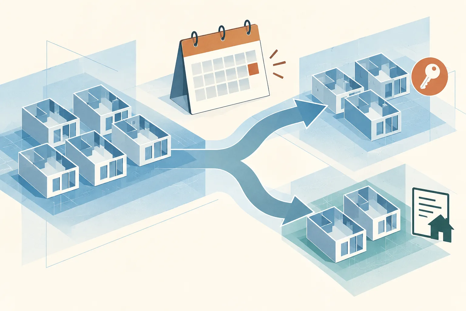 An abstract housing-choice diagram shows generic unit blocks branching toward two separate routes beside a simple calendar tile, rendered in light blue, cream and a small copper accent.
