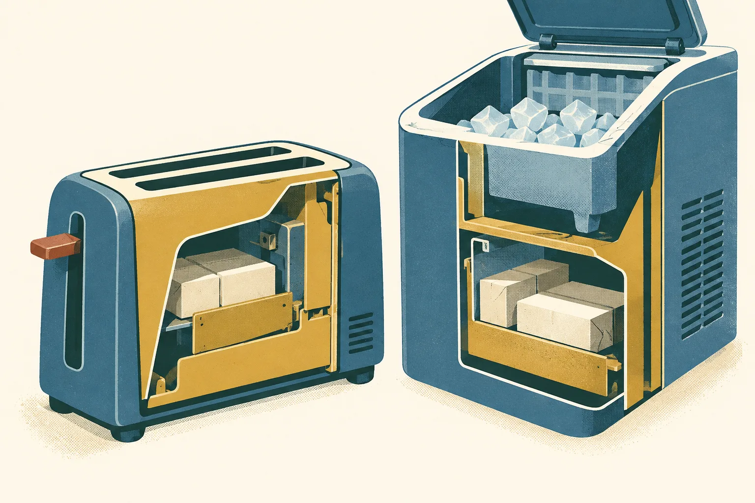 A simplified toaster and ice maker shown in cutaway, with small unmarked rectangular forms tucked into interior compartments.