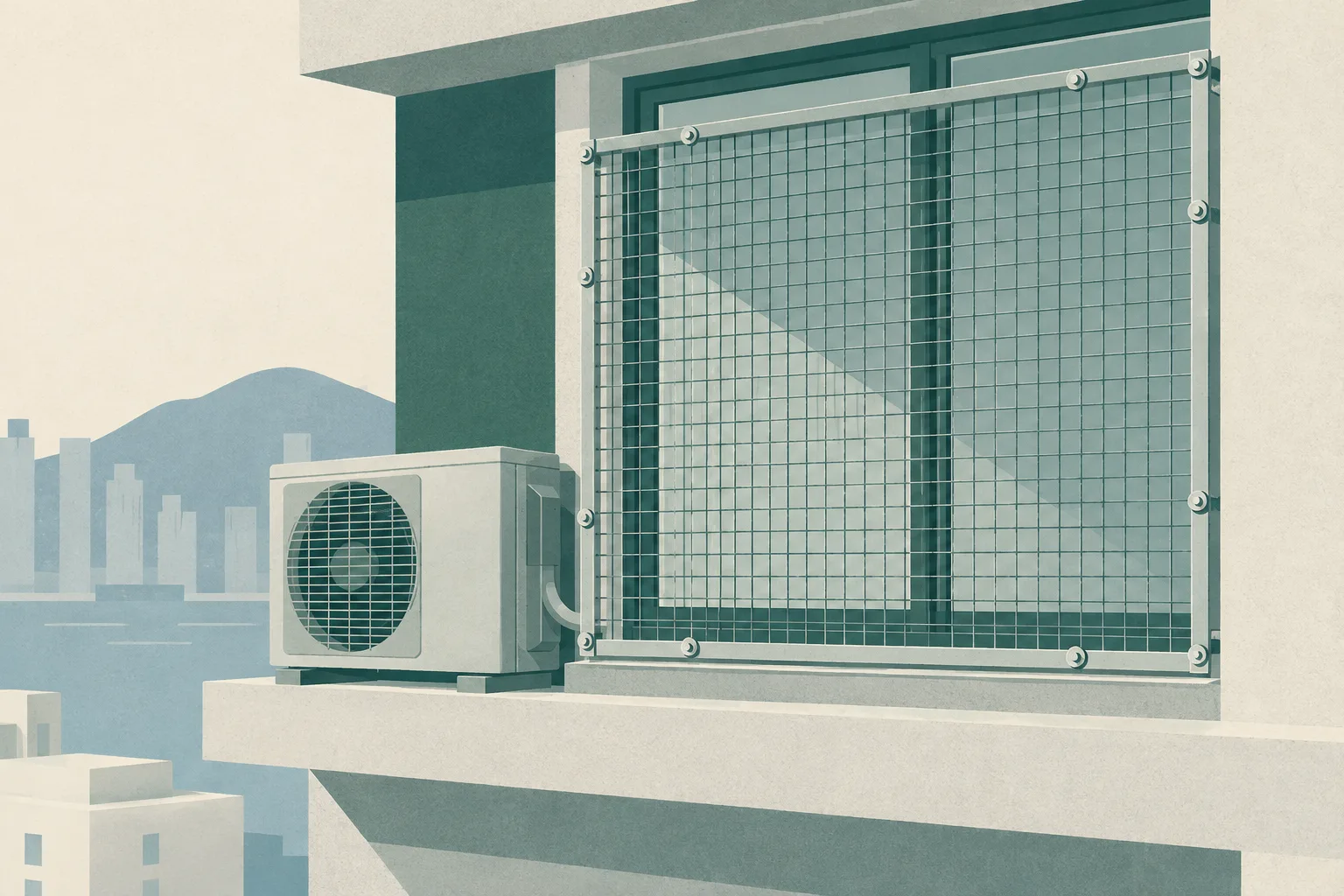 A simple building-window diagram shows a secured mesh panel beside an exterior air-conditioning unit and ledge.