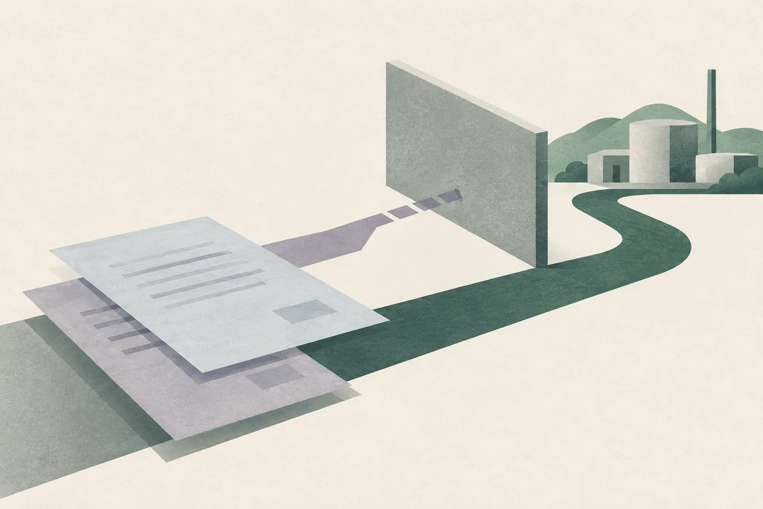 Layered cream and muted green geometric planes meet a simple boundary, with one abstract route left open beside a few generic block forms.