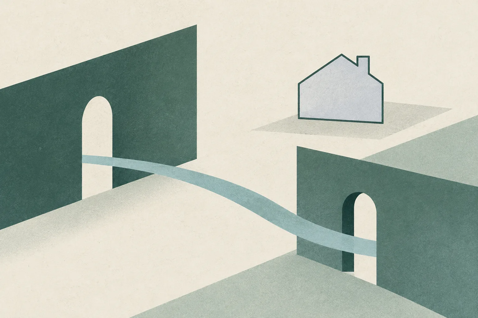 A small outlined property shape sits between two separated cream planes, linked by a thin muted teal line against a quiet pale green ground.