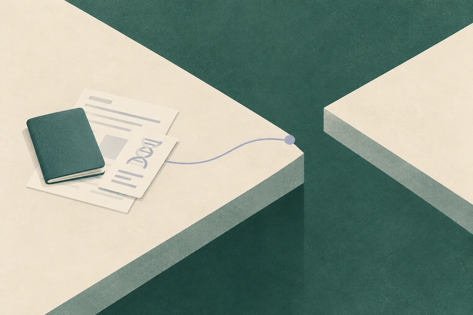 Two cream paper planes sit apart across a narrow gap. A small closed document shape and a fine teal line approach the boundary without crossing it.