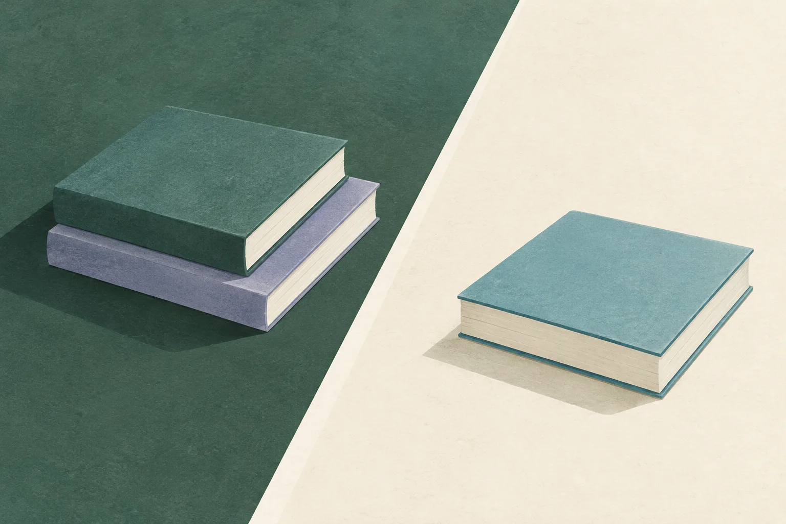 A few muted teal and cream book-like rectangles sit apart across a pale field, divided by a thin line.