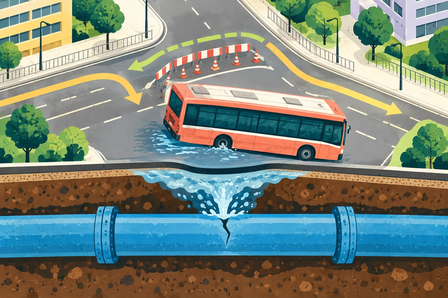 A cutaway illustration shows a blue pipe beneath a road, water at the surface, and a simple bus with one rear wheel in a shallow dip. Coloured route lines curve around the affected section.
