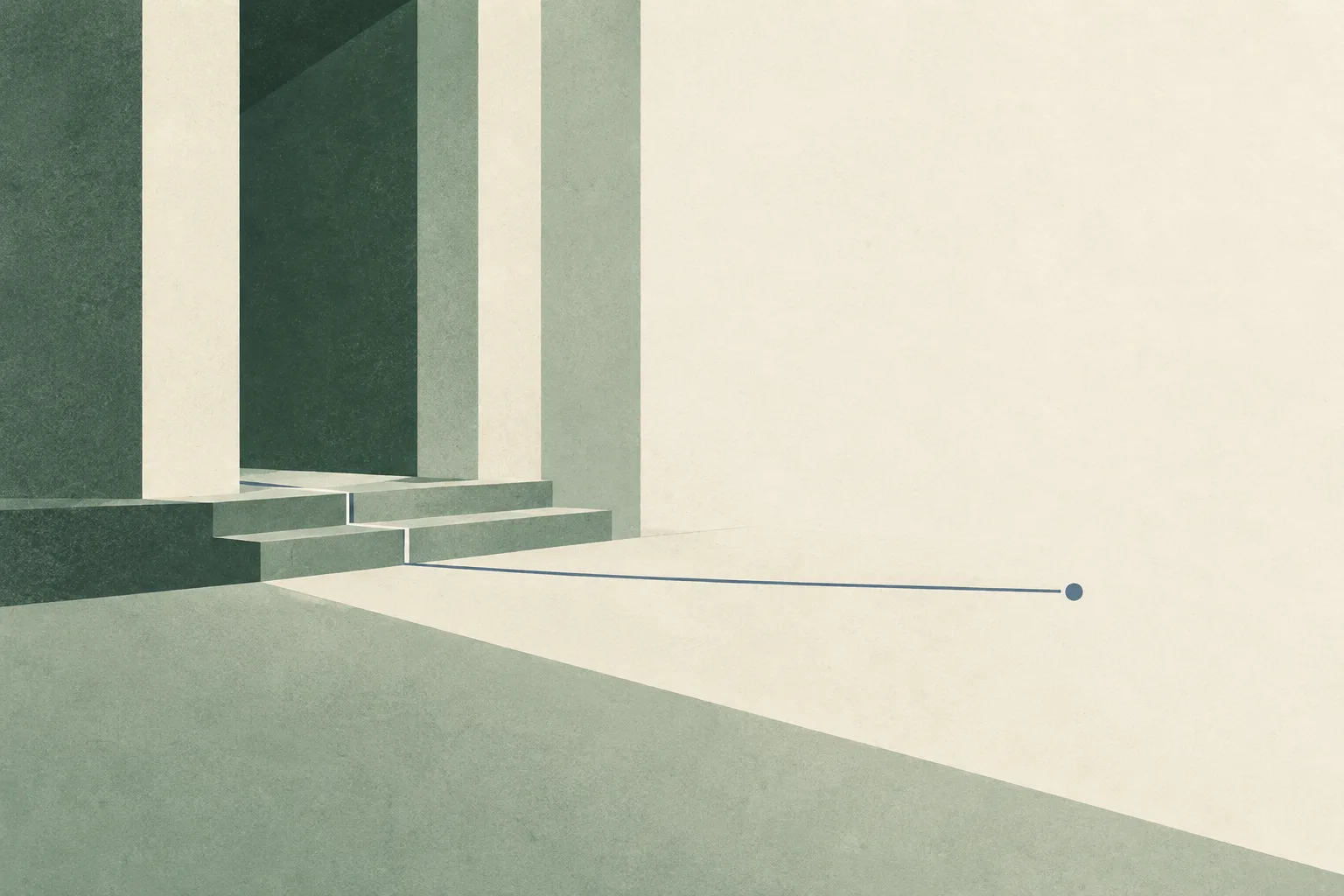 Muted green and cream abstract planes form a quiet threshold, crossed by a thin line that stops before an open blank space.