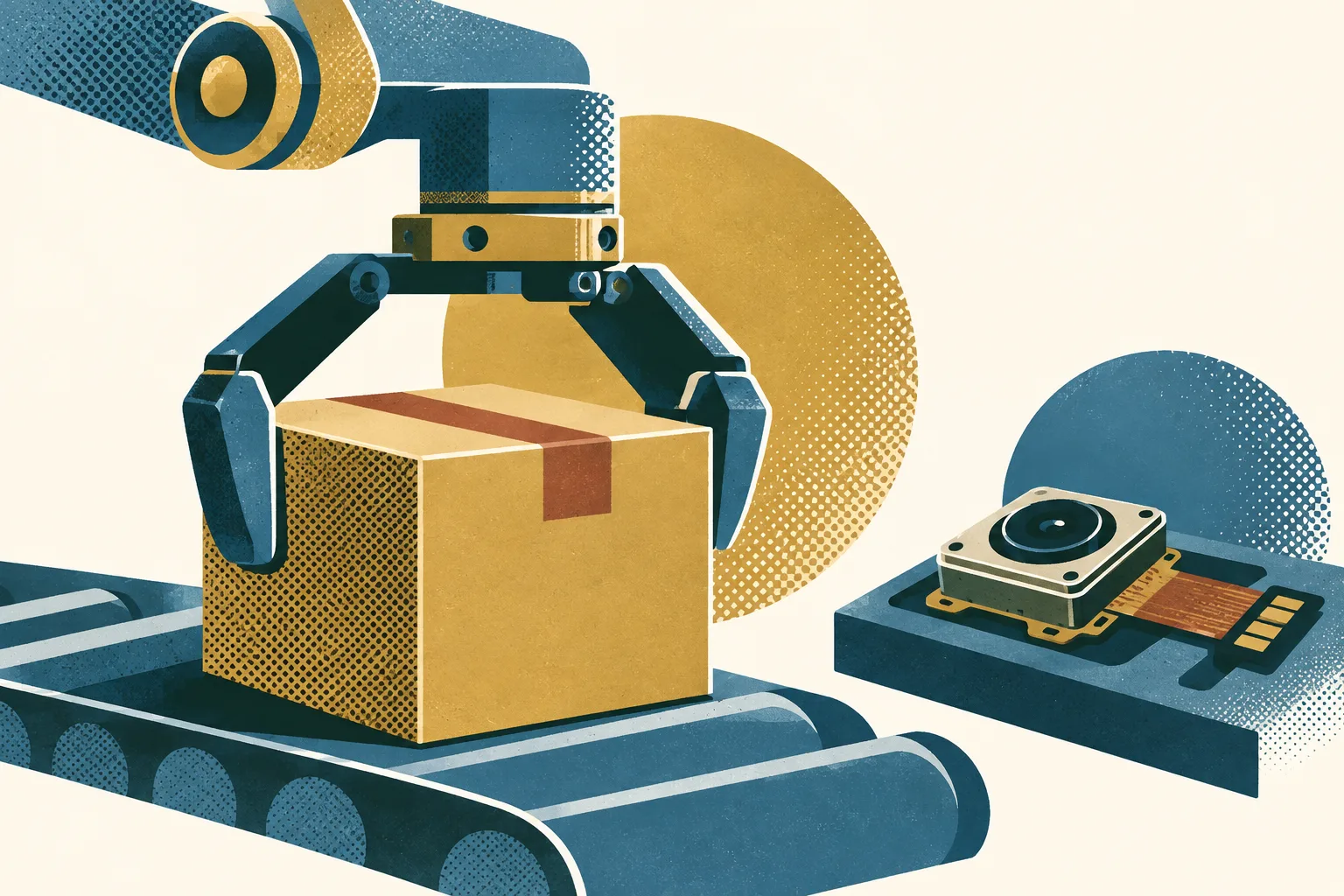 A generic robotic gripper turns toward a parcel beside a small phone component, arranged as clean cut-paper shapes on a light cream field.