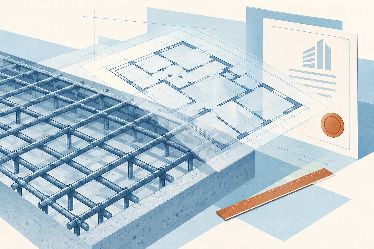 An abstract floor-slab grid and translucent plan-like sheet sit within a light architectural review frame, rendered in mineral blue, sky blue, cream and a small copper accent.