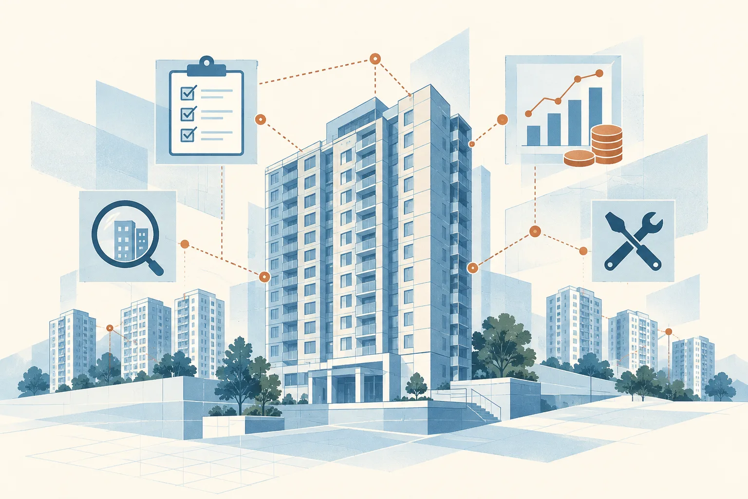 Generic apartment blocks are arranged among pale blue architectural planes, repair-grid marks and small data points, linked by a translucent proposed coordination layer.