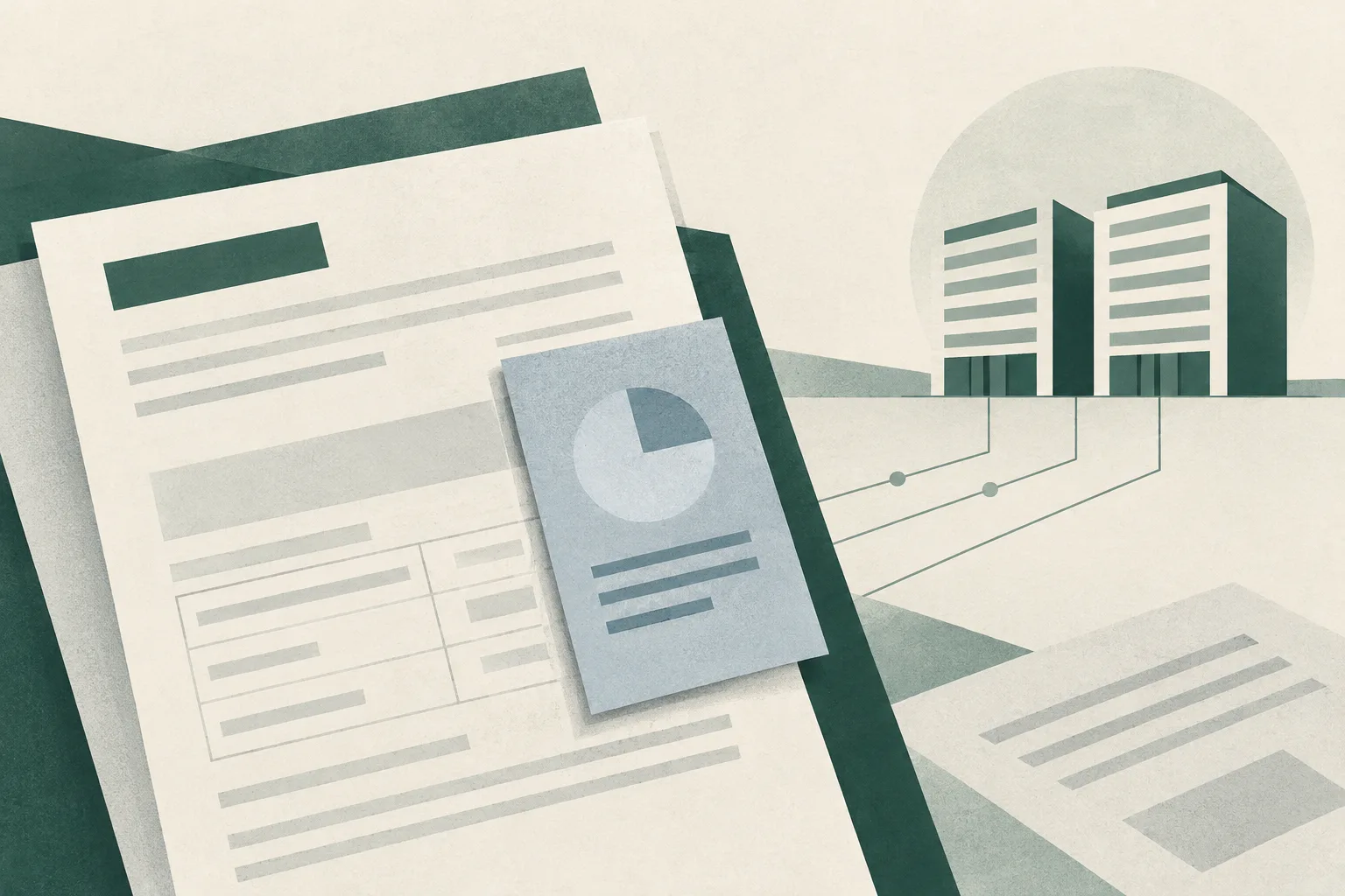 An abstract arrangement of overlapping cream paper shapes, crossed by fine muted teal lines, with a small block interrupting one larger form and a simple outline of two adjoining buildings.