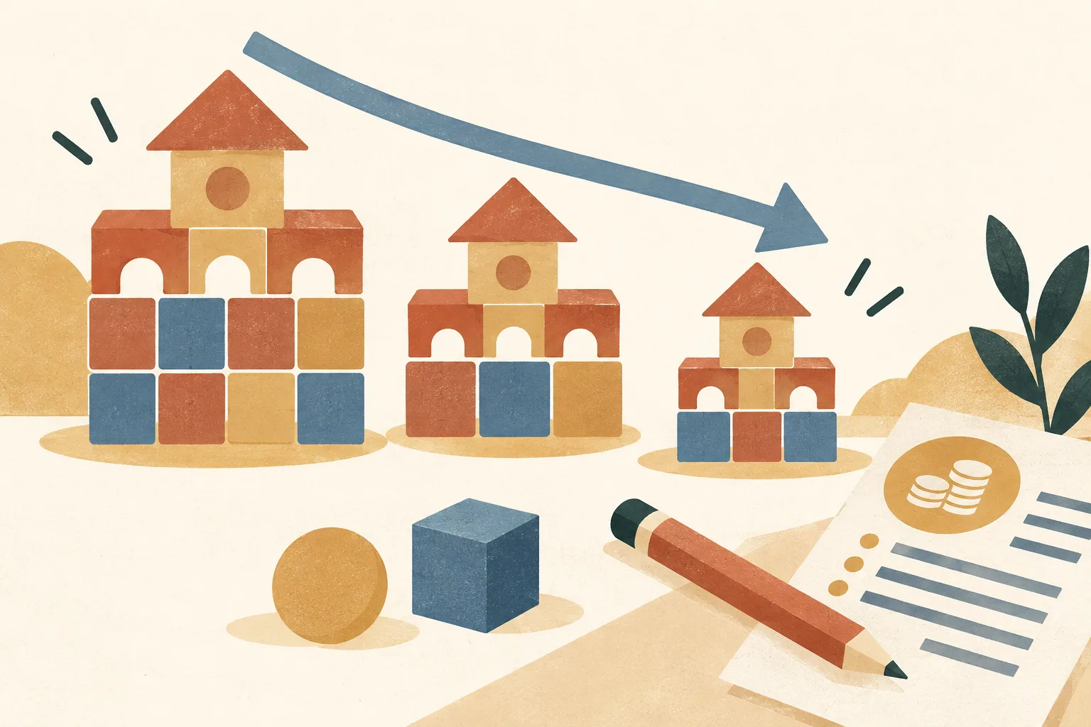 Three groups of geometric tiles decrease in size from left to right, beside a simple fee sheet, pencil and stationery shapes on a cream background.