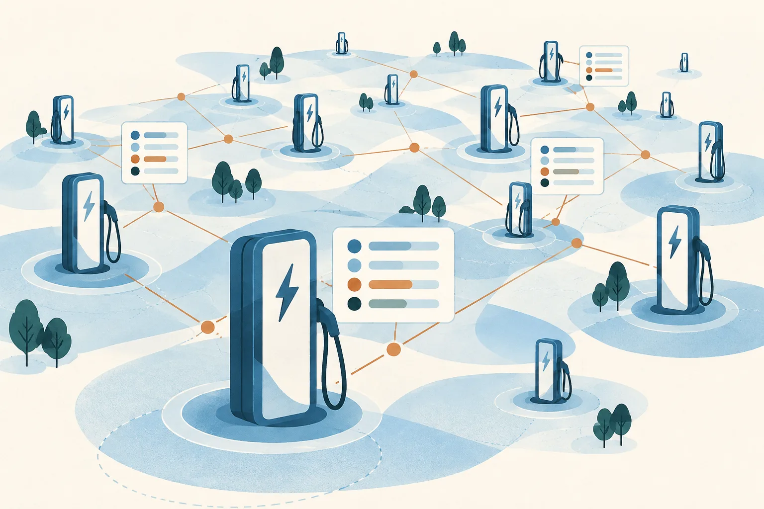 An abstract field of blue EV charging posts arranged in separate clusters, with fine connecting lines and small price-comparison panels on a cream background.
