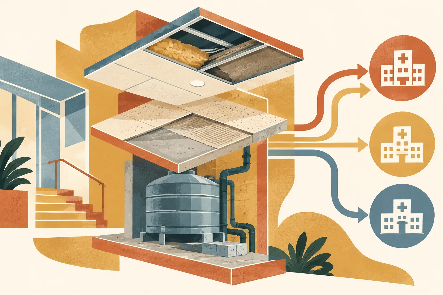 Layered terracotta and cream hospital facility shapes show a ceiling panel, repaired floor sections and a small water tank, with simple lines branching toward abstract appointment destinations.