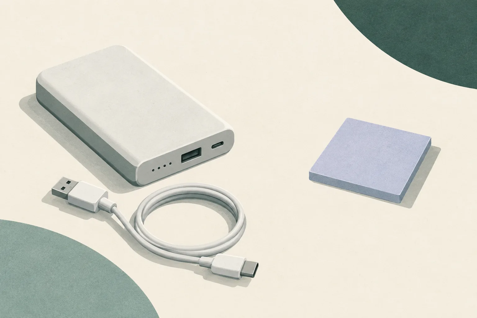 A plain rectangular power bank and loose charging cable sit on a muted cream surface, separated from a small blank sample tile.