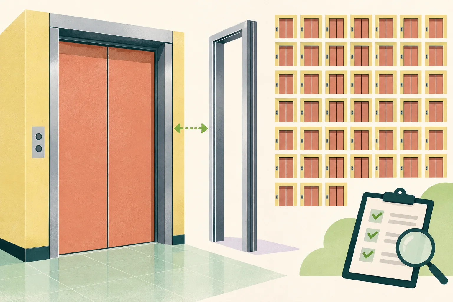 A flat diagram shows a generic lift door beside a separate frame component, with a small grid of lift symbols on a light background.