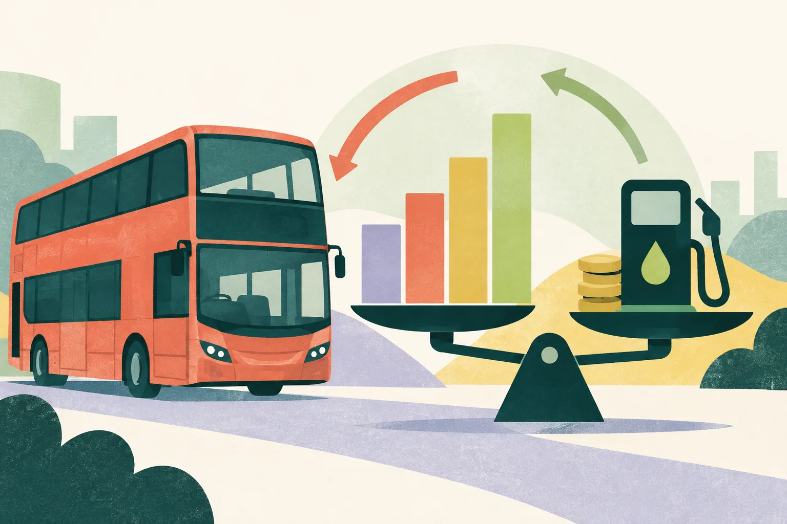 A simplified bus beside four rising fare bands, a small fuel-cost symbol and an open balancing arc on a light ground.