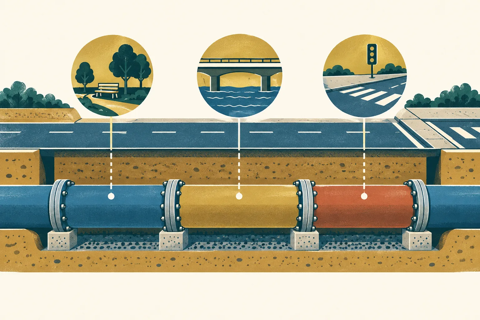 A cutaway schematic shows a blue pipe beneath a cream road plane, divided into three linked sections. Small abstract forms suggest a park, a bridge and a junction, with ochre and rust accents.
