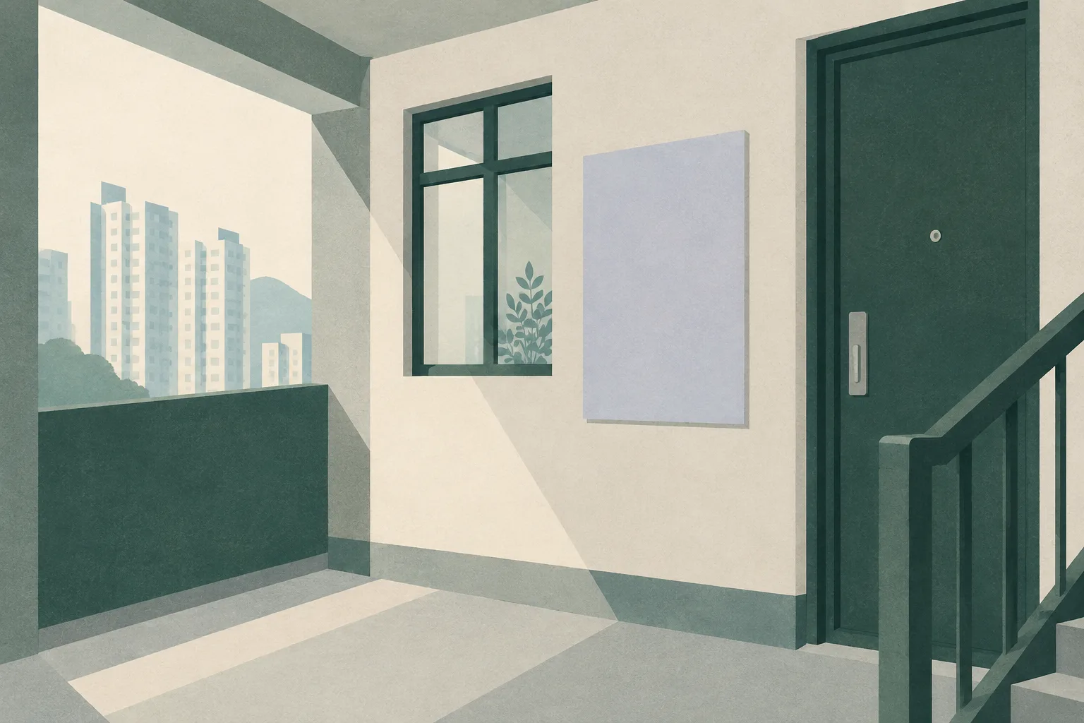 An abstract apartment threshold with a simple doorway, window plane and corridor edge around a blank rectangular panel in muted green and cream.