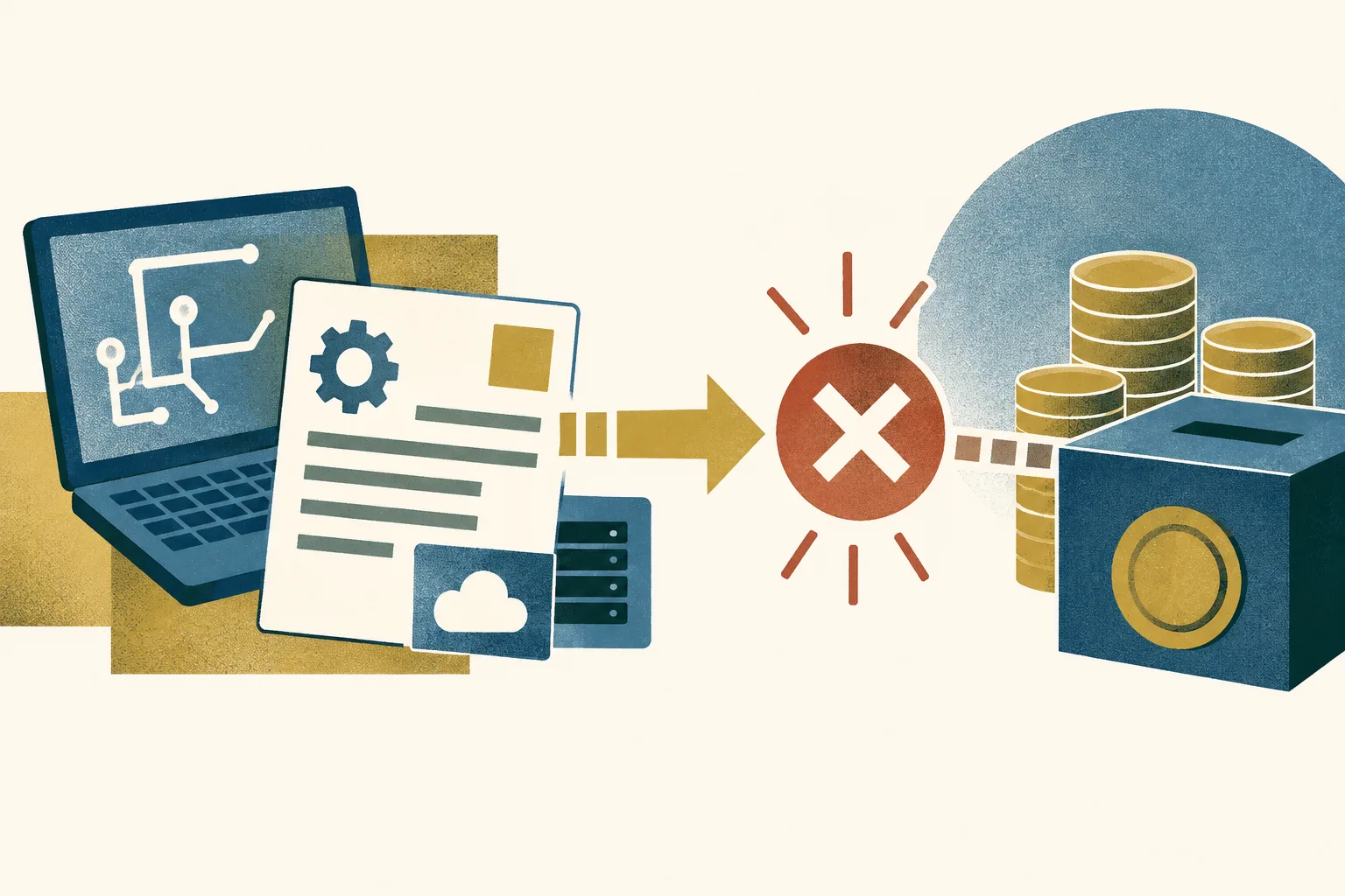 A cream-coloured abstract diagram shows a voucher card and a circuit-like panel feeding toward a blue funding channel, which is interrupted before the funds reach its end.