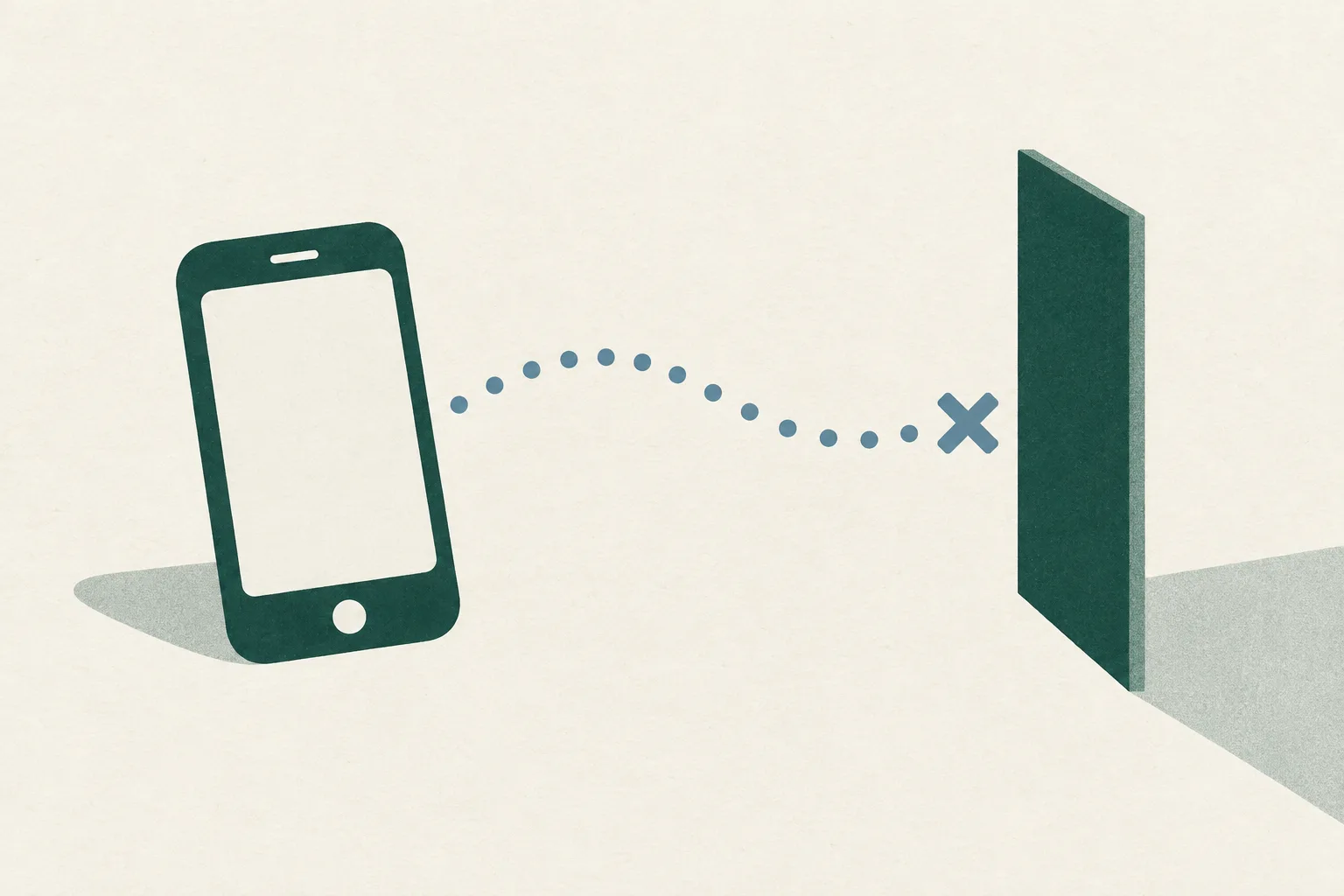 A generic phone silhouette sits beside a dotted line that stops at a simple boundary on a cream background.