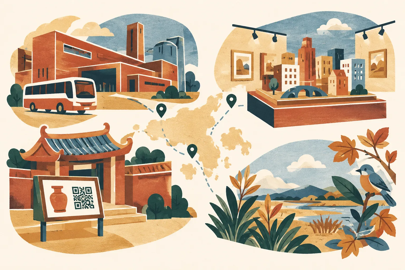 A cut-paper collage shows a simple bus beside abstract facility shapes, a miniature cluster of city forms, a temple information board with a QR-like mark, and leaves with small birds. Four separate panels sit on a light map-like ground.