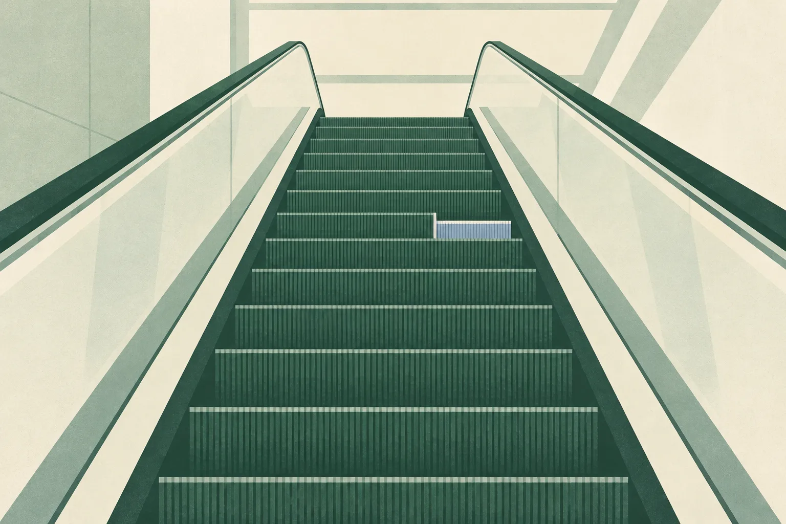 Pale parallel bands suggest an empty escalator, with a small break in their rhythm against a muted cream and green field.