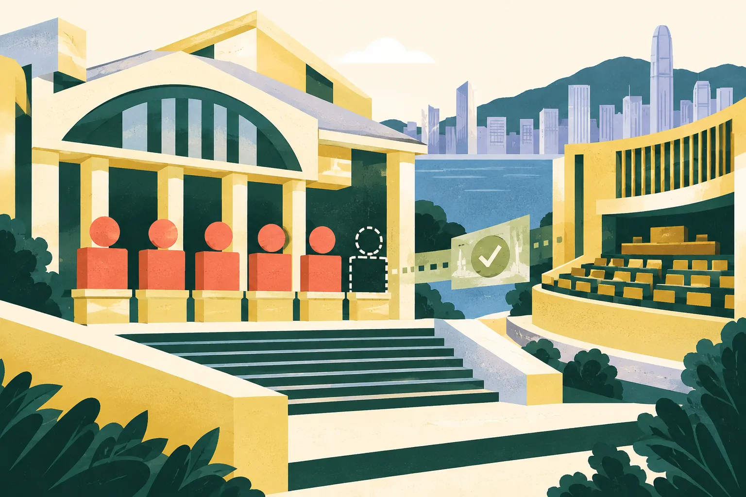 A schematic court-like platform with five solid geometric forms and a sixth outlined form set apart, linked by a simple approval panel.