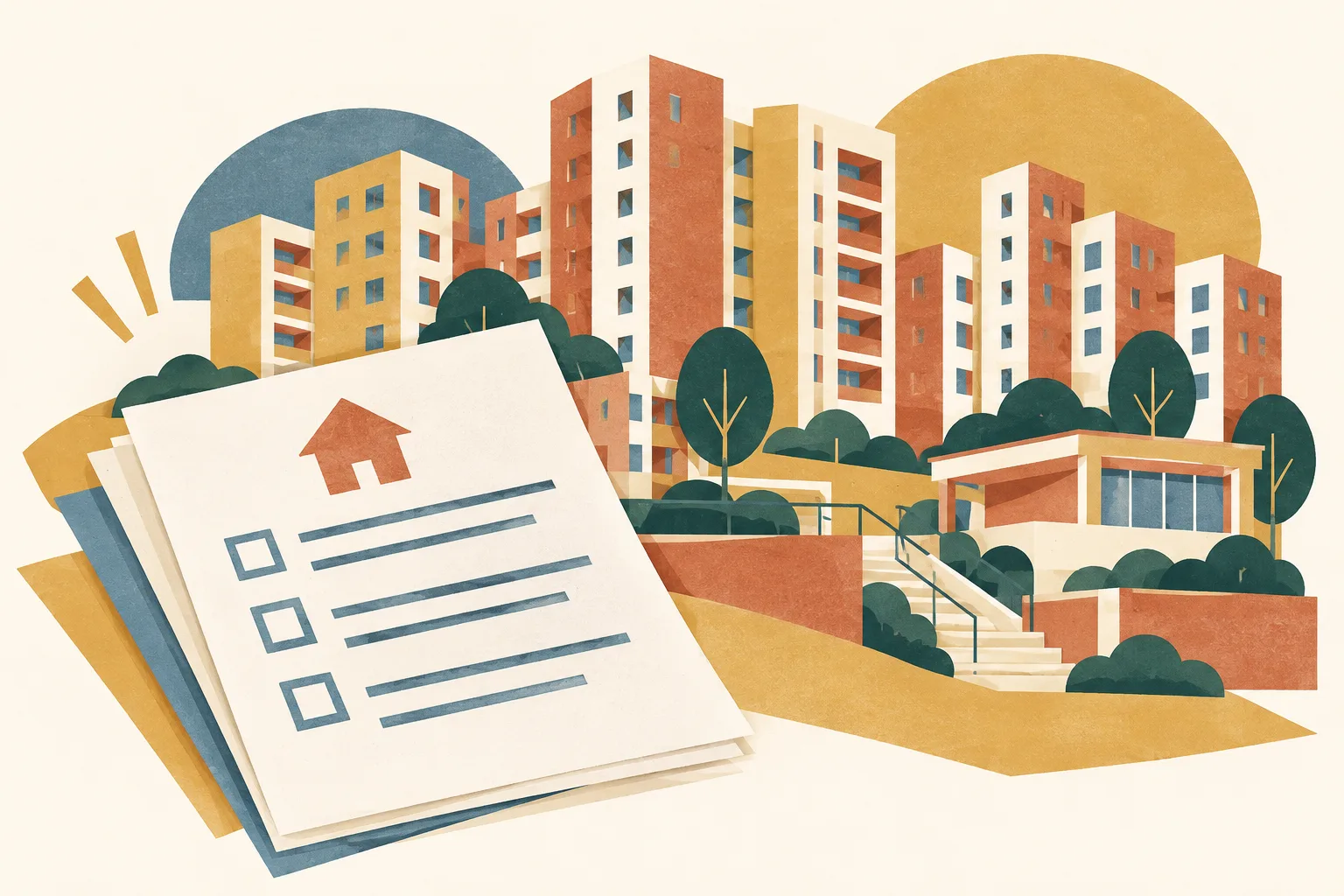 Layered terracotta, ochre, cream, and slate-blue shapes form a cluster of abstract housing blocks beside a simple application sheet.