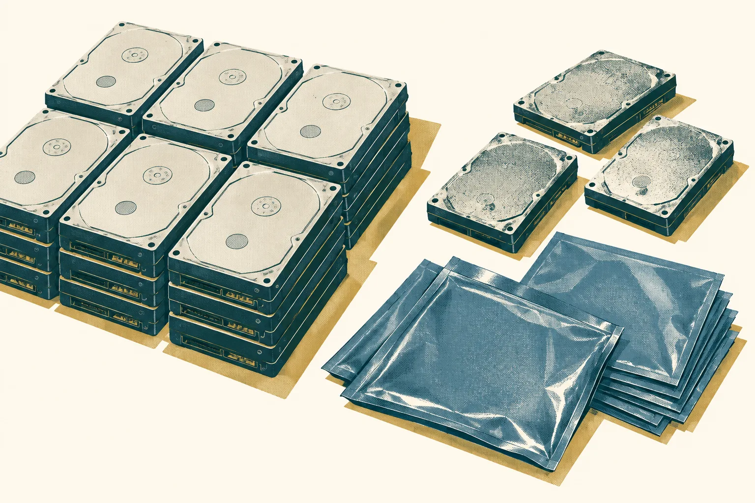 An orderly top-down arrangement of generic hard drives and plain antistatic bags on a light cream surface, with petrol-blue forms and small ochre accents.