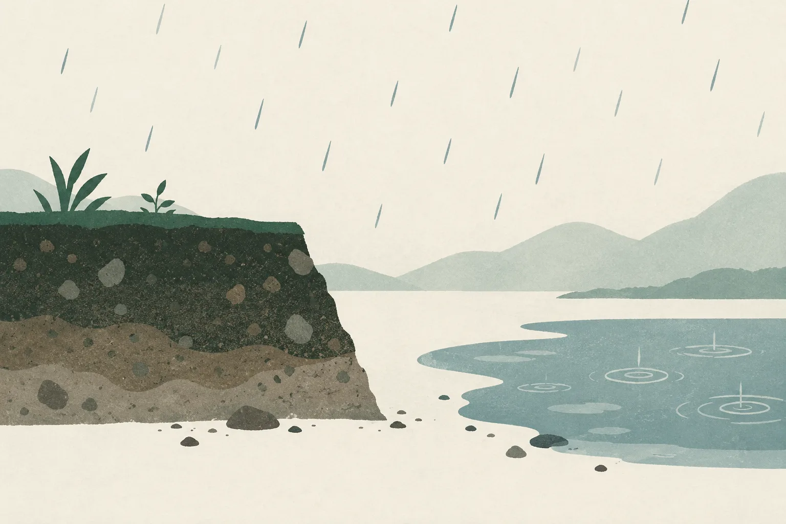 A subdued abstract cross-section of earth beside a still pool, with a few rain marks above and a clear gap between the shapes.