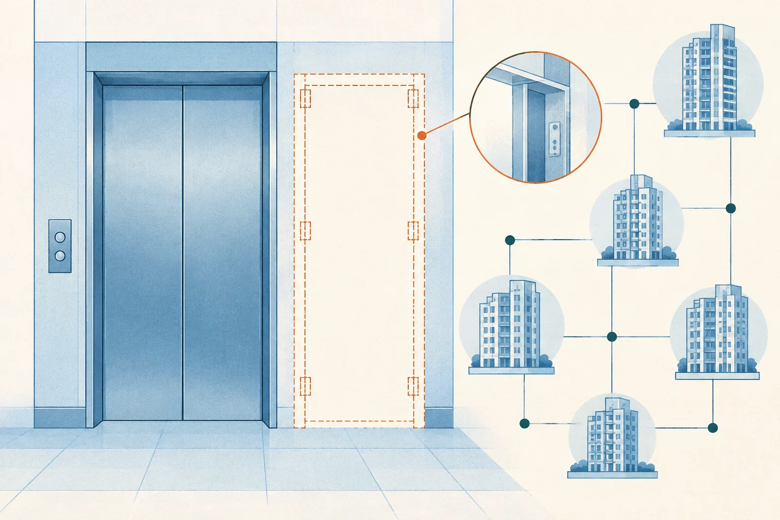 A simplified lift door panel sits beside an incomplete frame outline within a light architectural grid.