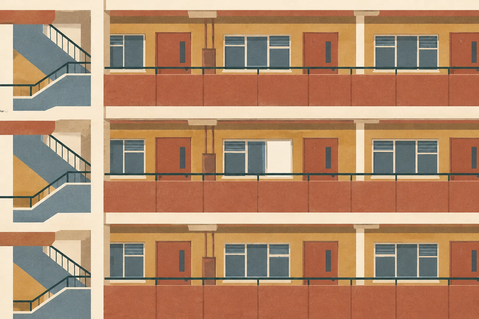A generic apartment corridor elevation in cream and terracotta, with a row of windows and a few quiet gaps in the window pattern.